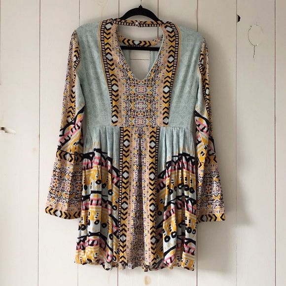 Free People Tegan Pleated Bohemian Print Long Sleeve Mini Dress Size 0 - Picture 3 of 16